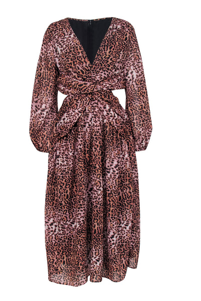 Tall Tall V-neck Hidden Back Zipper Gathered Animal Leopard Print Long Sleeves Spring Fall Plunging Neck Midi Dress