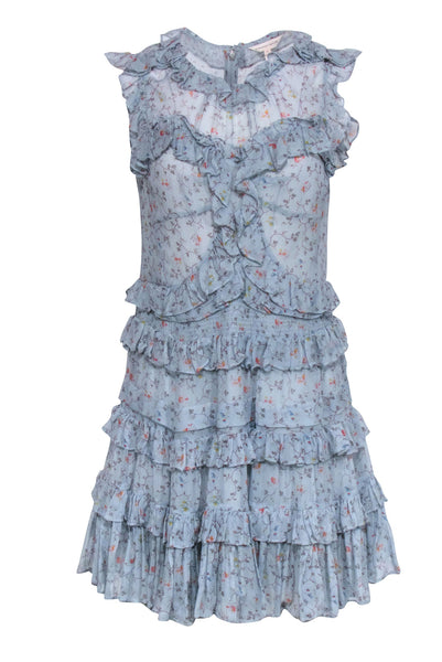 Elasticized Waistline Floral Print Smocked Summer Ruffle Trim Tiered Hidden Back Zipper Dress