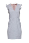V-neck Shift Cap Sleeves Cocktail Hidden Back Zipper Fitted Midi Dress With Ruffles