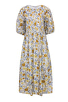 Sophisticated Jeweled Neck Smocked Floral Print Pocketed Hidden Back Zipper Puff Sleeves Sleeves Maxi Dress