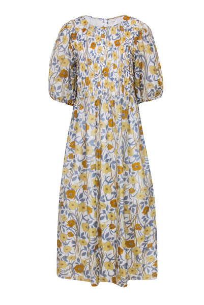 Sophisticated Jeweled Neck Smocked Puff Sleeves Sleeves Pocketed Hidden Back Zipper Floral Print Maxi Dress