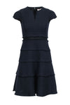 V-neck Fit-and-Flare Cap Sleeves Fitted Hidden Back Zipper Frill Trim Dress With a Ribbon