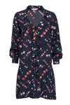 Floral Print Pocketed Slit Drawstring Button Front Silk Long Sleeves Dress With Ruffles