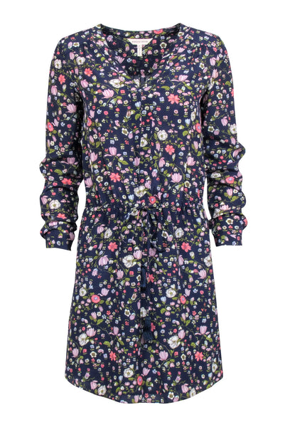 V-neck Floral Print Long Sleeves Drawstring Dress