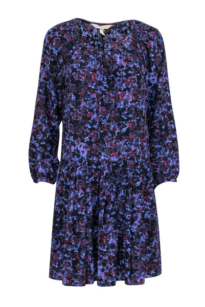 Tie Waist Waistline Silk Pleated Keyhole Floral Print Mock Neck Dress