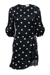 Polka Dots Print Puff Sleeves Sleeves Lace Trim Wrap Hidden Back Zipper Short Tie Waist Waistline Dress