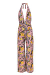 V-neck Tropical Print Halter Plunging Neck Viscose Jumpsuit