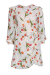 Viscose Short Long Sleeves Keyhole Button Closure Hidden Back Zipper Wrap Floral Print Dress With Ruffles