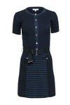 Pocketed Button Front Belted Ribbed Striped Print Dress