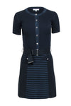 Ribbed Pocketed Button Front Belted Striped Print Dress