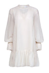 Short Shift Long Sleeves Jeweled Neck Keyhole Semi Sheer Dress With Ruffles