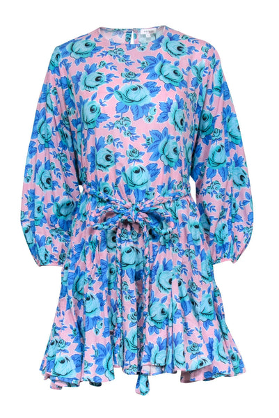 Belted Long Sleeves Floral Print Cotton Dress With Ruffles