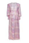 Tall V-neck Long Sleeves Abstract Striped Print Smocked Tiered Button Front Maxi Dress With Ruffles