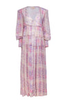 Tall V-neck Smocked Long Sleeves Abstract Striped Print Tiered Button Front Maxi Dress With Ruffles