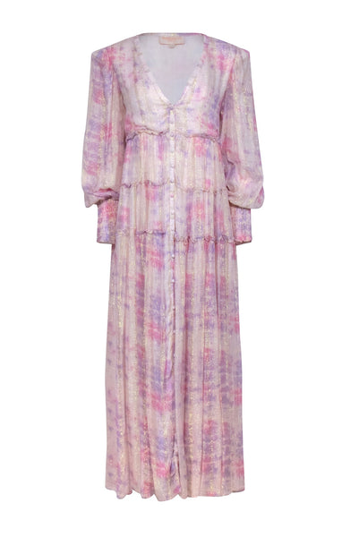 Tall V-neck Abstract Striped Print Long Sleeves Button Front Tiered Smocked Maxi Dress With Ruffles