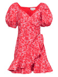 Faux Wrap Hidden Back Zipper Short Animal Floral Print Ruffle Trim Summer Puff Sleeves Sleeves Dress