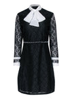 A-line Floral Print Long Sleeves Collared Hidden Back Zipper Beaded Little Black Dress With Pearls