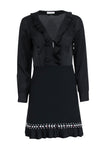 Sophisticated Polyester Long Sleeves Fit-and-Flare Pleated Hidden Side Zipper Fitted Plunging Neck Dress With Rhinestones and Ruffles