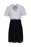 A-line Two-Toned Print Hidden Back Zipper Mock Neck Short Sleeves Sleeves Dress With a Bow(s) and Ruffles