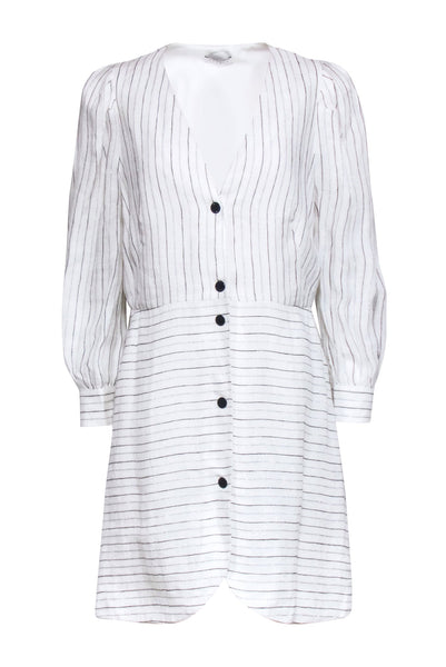 Tall V-neck Button Front Long Sleeves Striped Print Dress