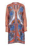 V-neck Dropped Waistline Button Front Paisley Print Long Sleeves Summer Shirt Dress