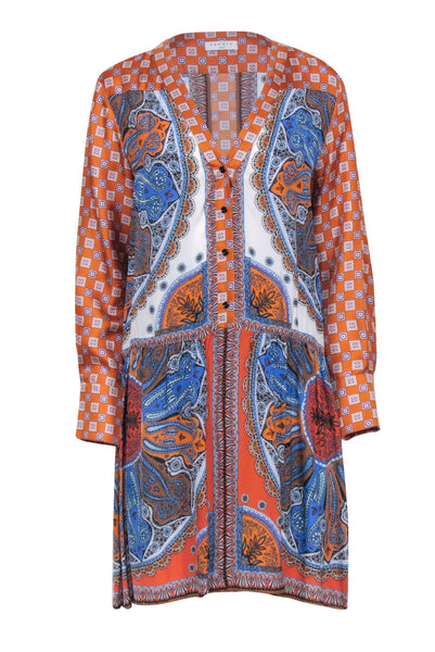 V-neck Summer Dropped Waistline Button Front Long Sleeves Paisley Print Shirt Dress