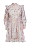 Tall Short Metallic Mock Neck Smocked Striped Print Pleated Dress With Ruffles