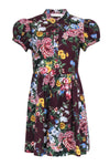 Button Front Pleated Floral Print Short Puff Sleeves Sleeves Mock Neck Flared-Skirt Cotton Dress