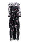 High-Low-Hem Sheer Sleeves Hidden Back Zipper Mesh Semi Sheer Floral Print Dress