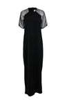 Short Shift Round Neck Back Vent Sheer Slit Mesh Back Zipper Evening Dress/Maxi Dress