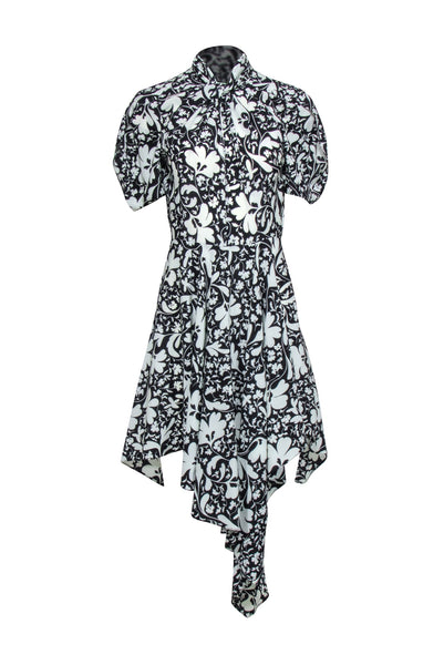 Hidden Back Zipper Keyhole Puff Sleeves Short Sleeves Sleeves Silk Floral Print Dress