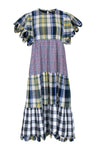 Keyhole Tiered Cotton Crew Neck Scalloped Trim Checkered Plaid Print Midi Dress With Ruffles