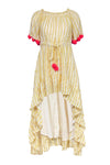 PomPom Trim Off the Shoulder High-Low-Hem Summer Drawstring Vertical Stripe Print Dress With Ruffles