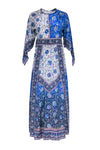 Tall Flutter Sleeves Hidden Back Zipper Beaded Crew Neck Paisley Print Maxi Dress