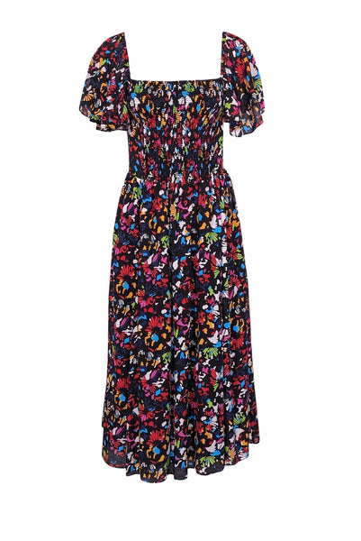 Pocketed Flutter Sleeves Smocked Square Neck General Print Party Dress/Midi Dress With Ruffles