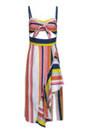 Slit Hidden Side Zipper Cutout Striped Print Midi Dress With Ruffles