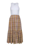 Ribbed Hidden Side Zipper Open-Back Scoop Neck Summer Plaid Print Dress