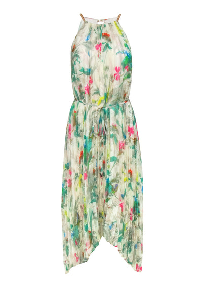 Floral Print Pleated Belted Dress With a Sash