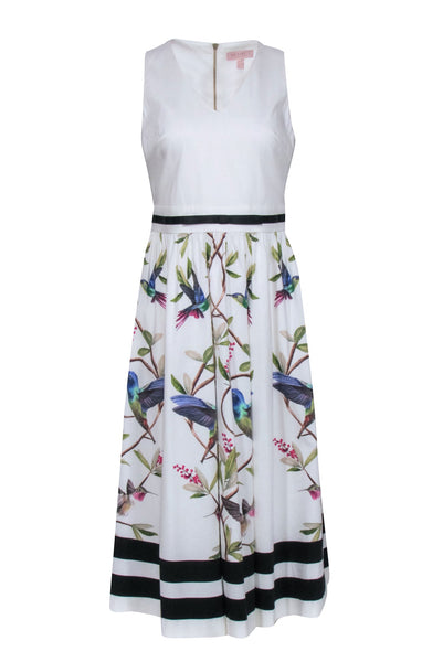 V-neck Animal Floral Print Sleeveless Pocketed Slit Back Zipper Dress With a Bow(s)