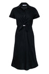 Sophisticated A-line Short Sleeves Sleeves Collared Cotton Side Zipper Slit Button Front Pocketed Midi Dress