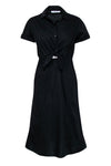 Sophisticated A-line Short Sleeves Sleeves Cotton Side Zipper Button Front Pocketed Slit Collared Midi Dress