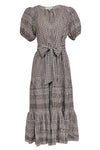 Puff Sleeves Sleeves Belted Pocketed Slit Checkered Gingham Print Summer Maxi Dress With a Sash