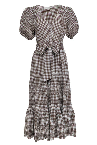 Summer Checkered Gingham Print Pocketed Slit Belted Puff Sleeves Sleeves Maxi Dress With a Sash
