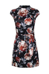 Cap Sleeves Mock Neck Sheath Hidden Back Zipper Belted Vintage Floral Print Sheath Dress