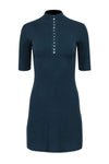 A-line Button Front Jeweled Short Sleeves Sleeves Mock Neck Dress
