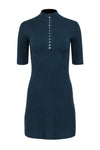 A-line Jeweled Button Front Mock Neck Short Sleeves Sleeves Dress