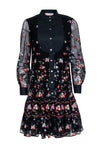 Mock Neck Sheer Long Sleeves Embroidered Mesh Button Front Semi Sheer Floral Print Fall Dress