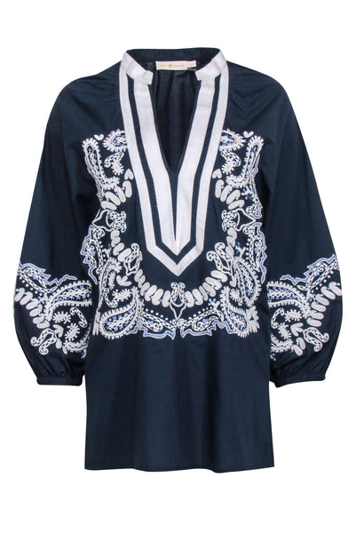 V-neck Flower(s) Embroidered Paisley Print Puff Sleeves Sleeves Cotton Tunic