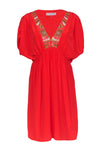 V-neck Smocked Short Sleeves Sleeves Beaded Elasticized Waistline Silk Beach Dress