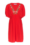 V-neck Silk Smocked Beaded Elasticized Waistline Short Sleeves Sleeves Beach Dress